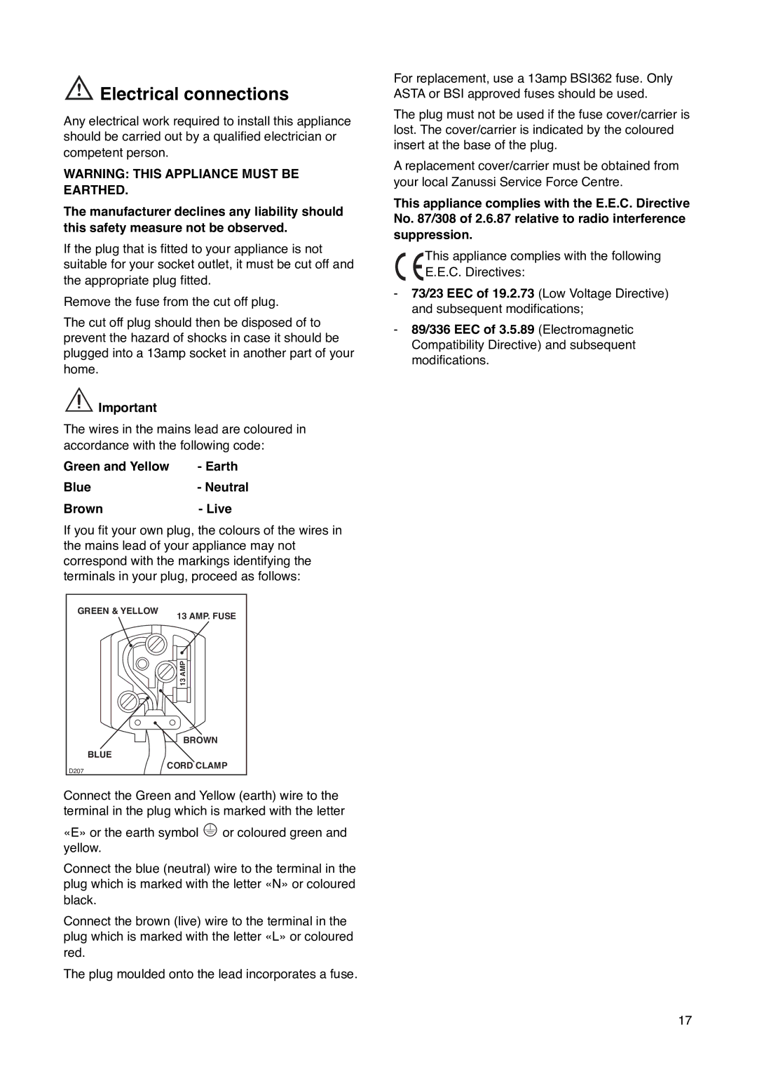 Zanussi ZCR 85 L manual Electrical connections, Green and Yellow Earth Blue- Neutral Brown- Live 