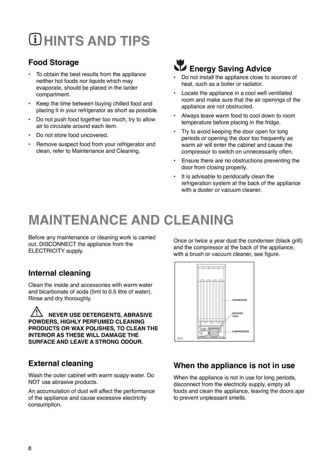 Zanussi ZCR 85 L manual Hints and Tips, Maintenance and Cleaning 