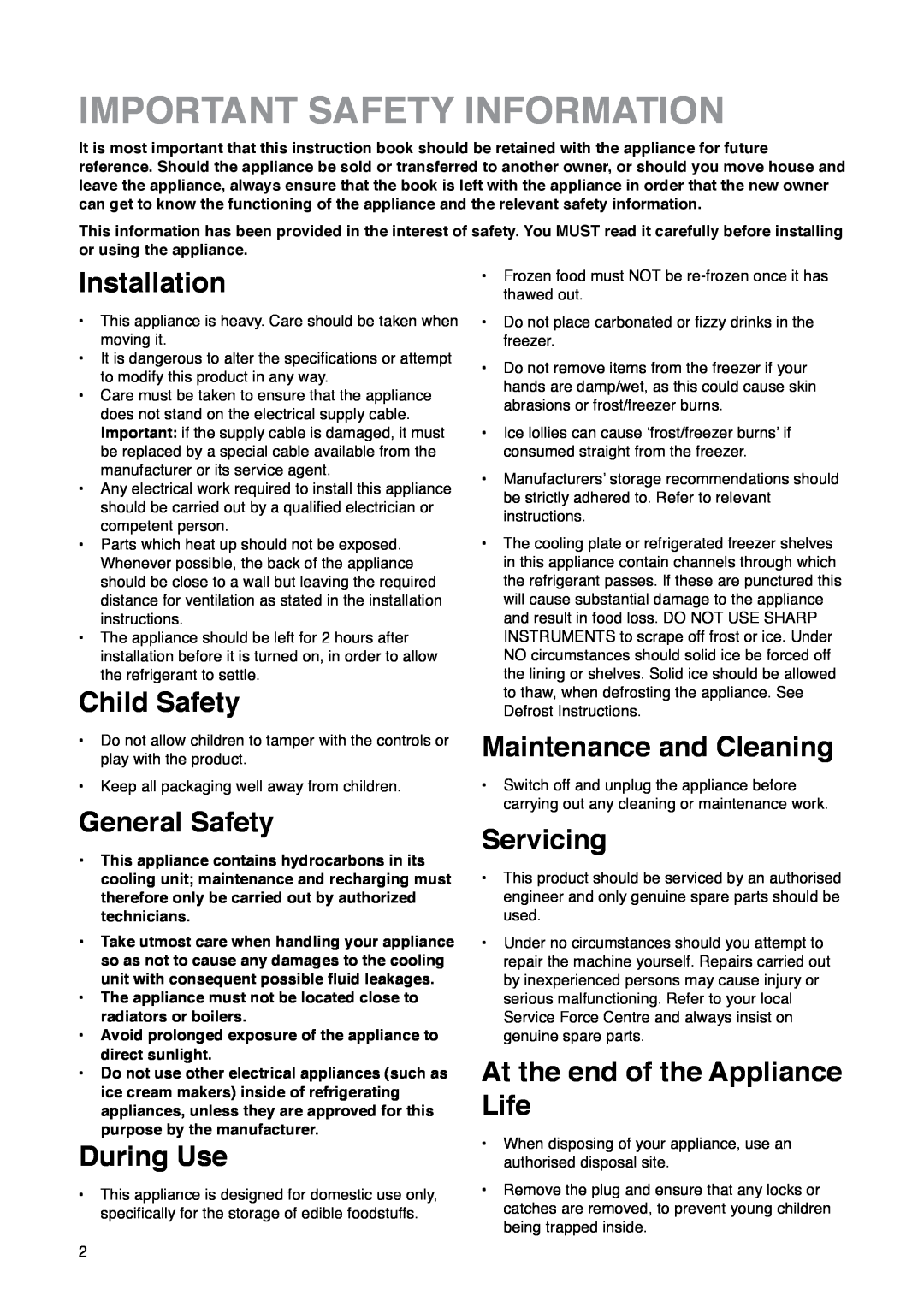 Zanussi ZCR 85 L manual Important Safety Information, Installation, Child Safety, General Safety, During Use, Servicing 
