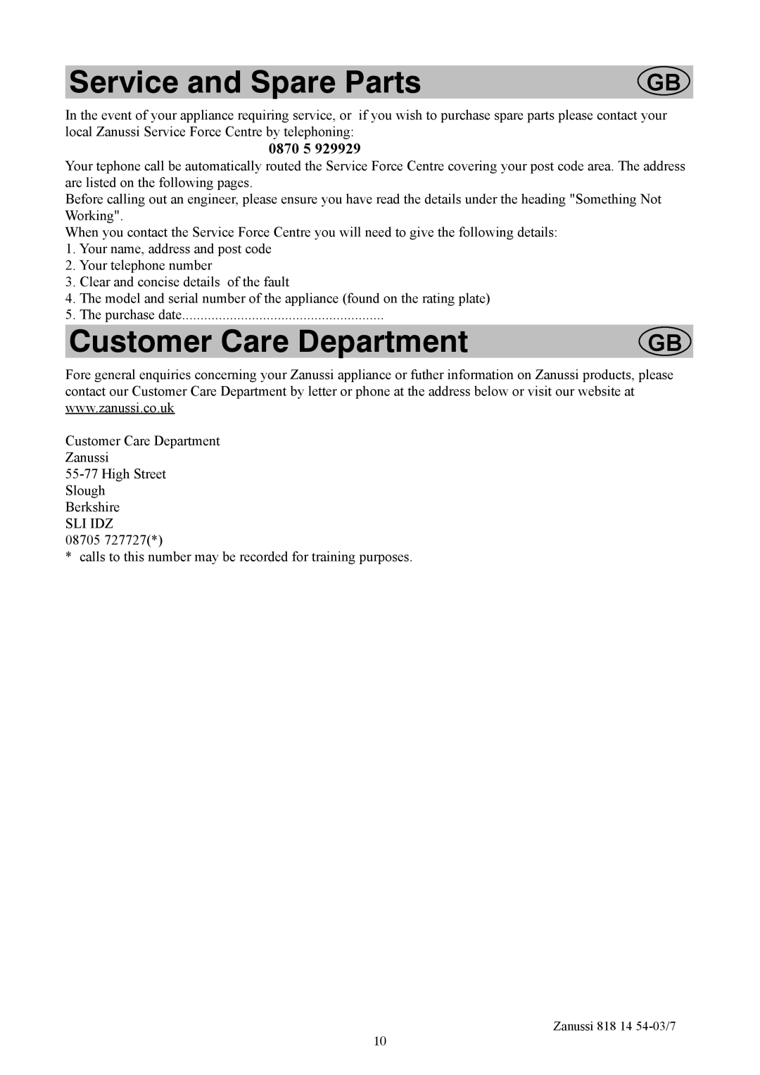 Zanussi ZCR135R manual Service and Spare Parts, Customer Care Department 