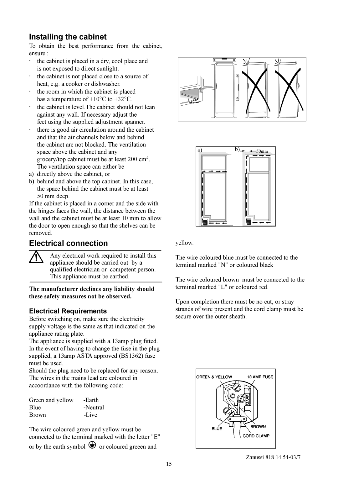 Zanussi ZCR135R manual Installing the cabinet, Electrical connection 