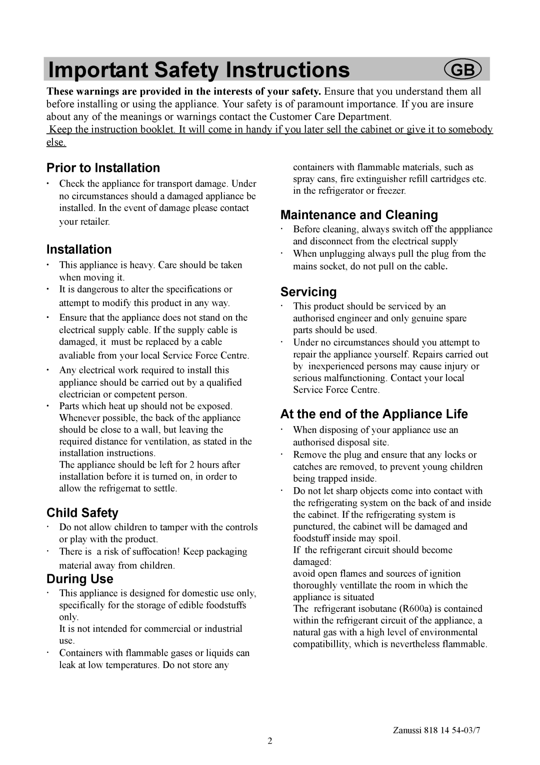 Zanussi ZCR135R manual Prior to Installation, Child Safety, During Use, Maintenance and Cleaning, Servicing 