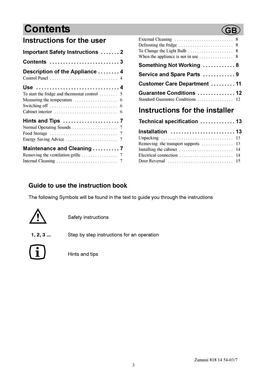 Zanussi ZCR135R manual Contents 