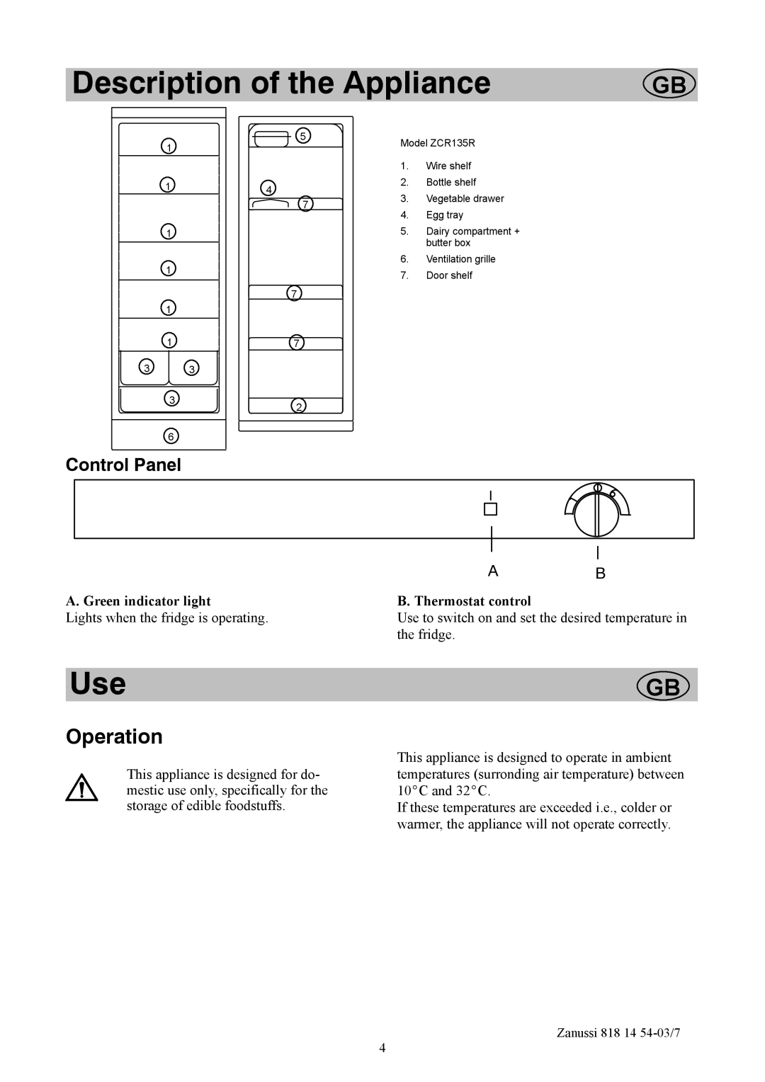 Zanussi ZCR135R manual Description of the Appliance, Use, Control Panel 