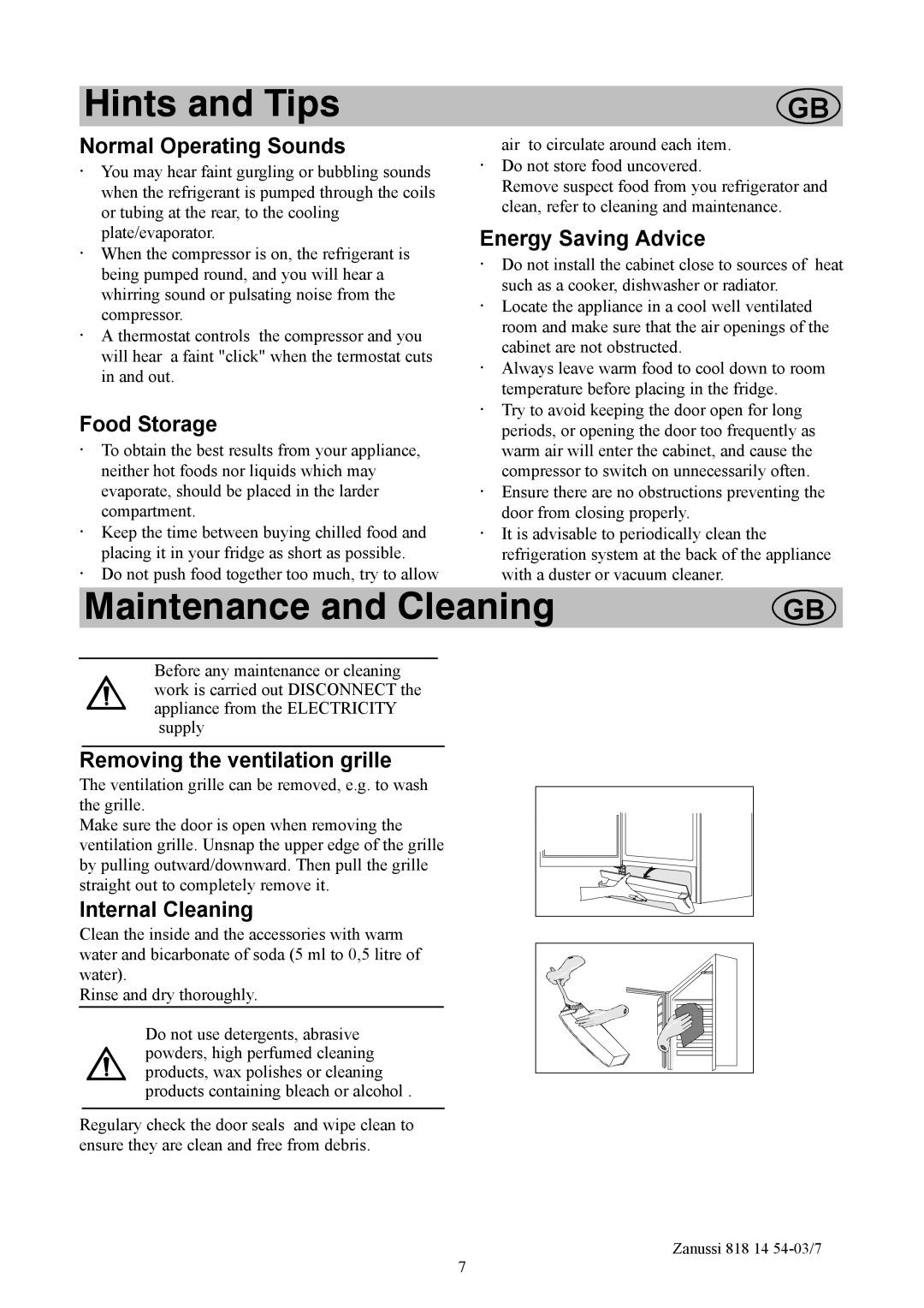 Zanussi ZCR135R manual Hints and Tips, Maintenance and Cleaning 