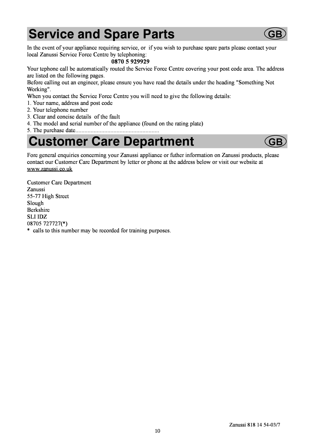 Zanussi ZCR135R manual Service and Spare Parts, Customer Care Department, 0870 