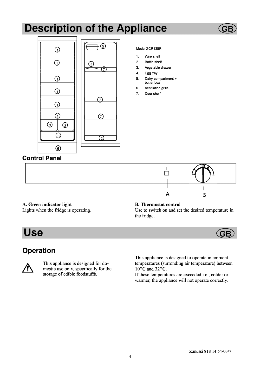 Zanussi ZCR135R manual Description of the Appliance, Operation, Control Panel 