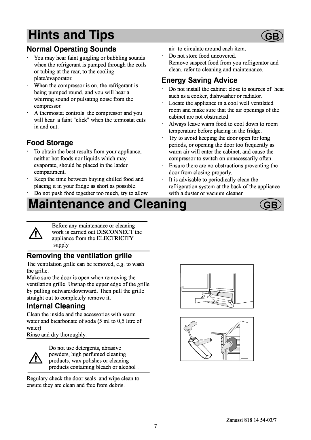 Zanussi ZCR135R Hints and Tips, Maintenance and Cleaning, Normal Operating Sounds, Energy Saving Advice, Food Storage 