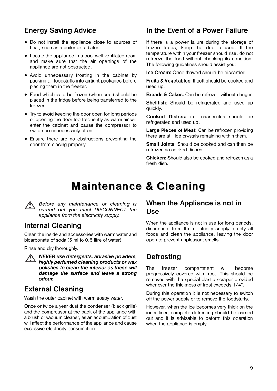 Zanussi ZCUF 41 manual Maintenance & Cleaning, Energy Saving Advice, In the Event of a Power Failure, Internal Cleaning 