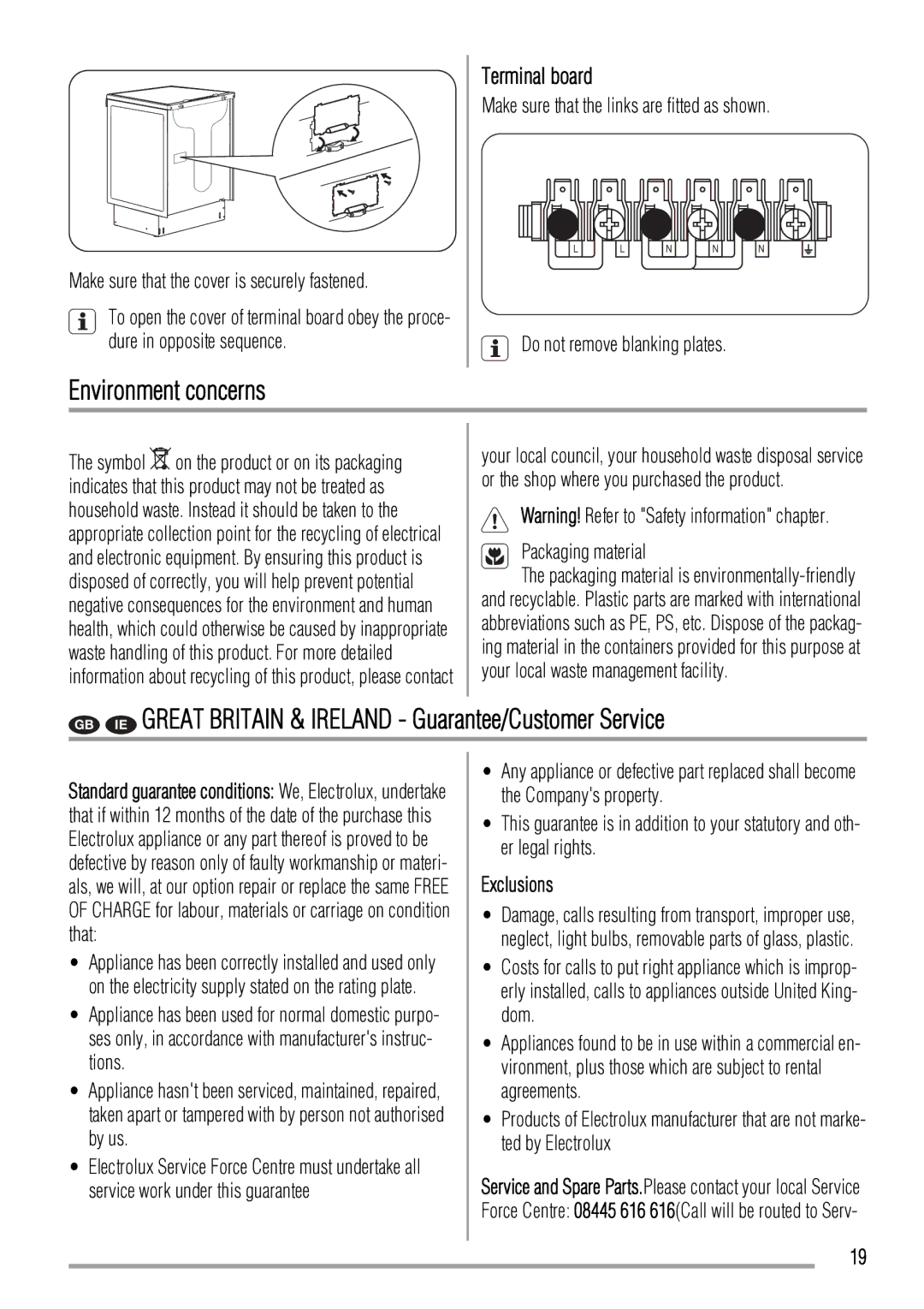 Zanussi ZCV550 Environment concerns, GB IE Great Britain & Ireland Guarantee/Customer Service, Terminal board, Exclusions 