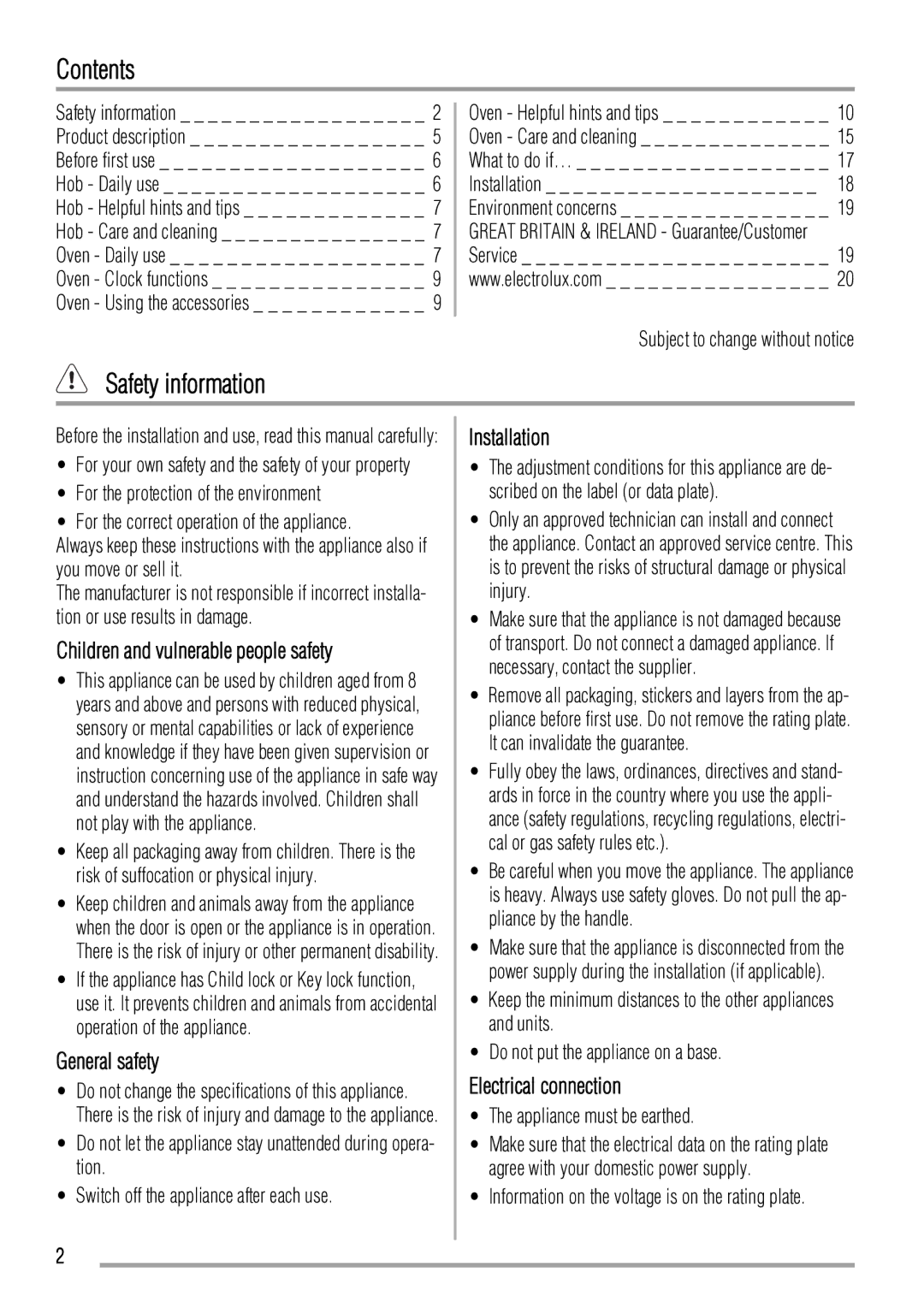 Zanussi ZCV550 manual Contents, Safety information 