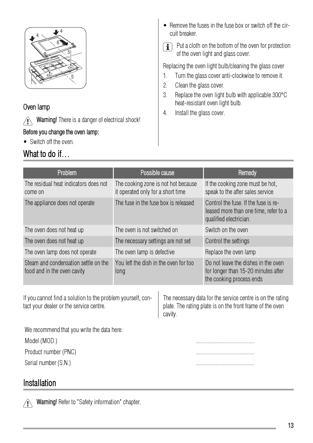 Zanussi ZCV560M user manual What to do if…, Installation, Oven lamp 