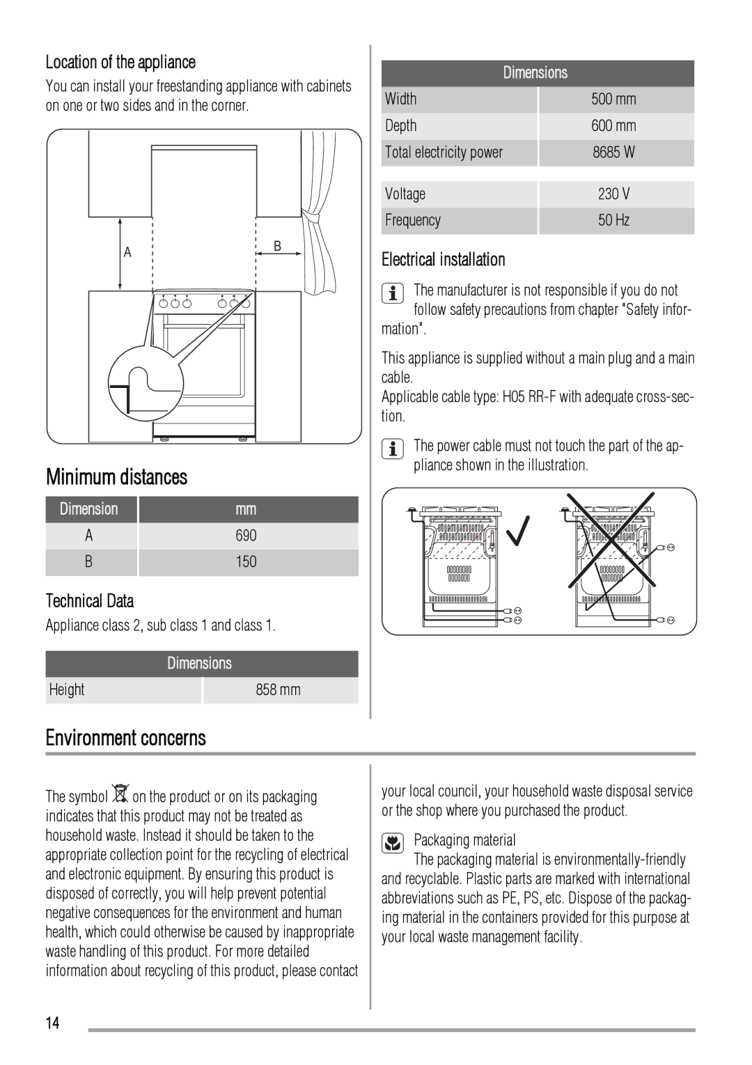 Zanussi ZCV560M user manual Minimum distances, Environment concerns, Location of the appliance, Technical Data 