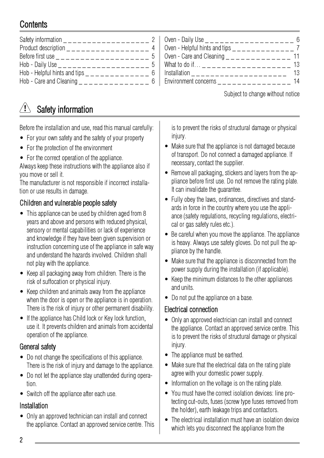 Zanussi ZCV560M user manual Contents, Safety information 