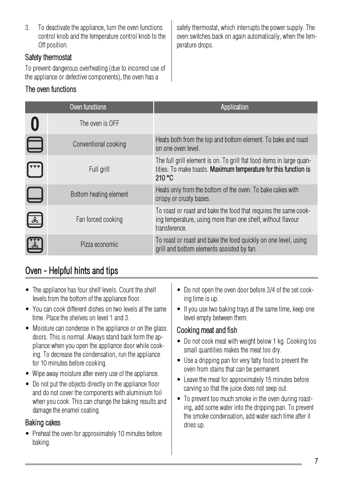 Zanussi ZCV560M Oven Helpful hints and tips, Safety thermostat, Oven functions, Baking cakes, Cooking meat and fish 