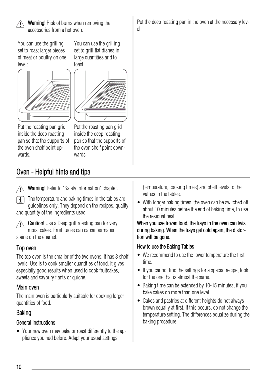 Zanussi ZCV662 user manual Oven Helpful hints and tips, Top oven, Main oven, Baking 