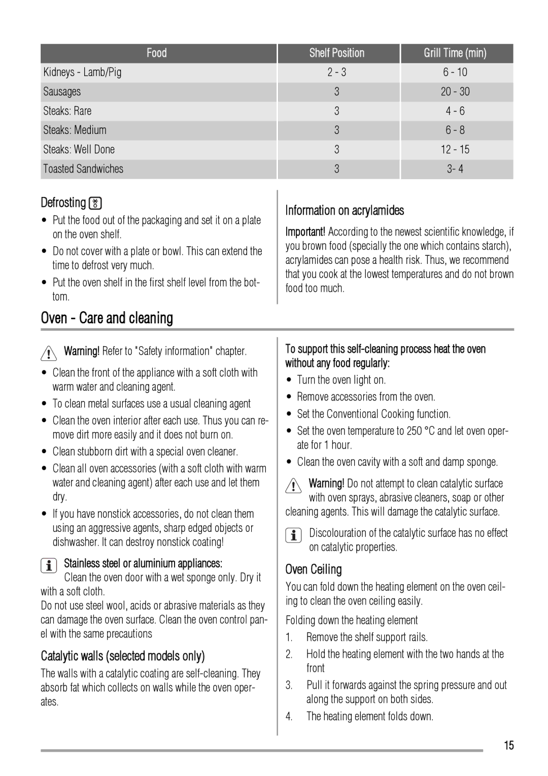 Zanussi ZCV662 Oven Care and cleaning, Defrosting, Information on acrylamides, Catalytic walls selected models only 