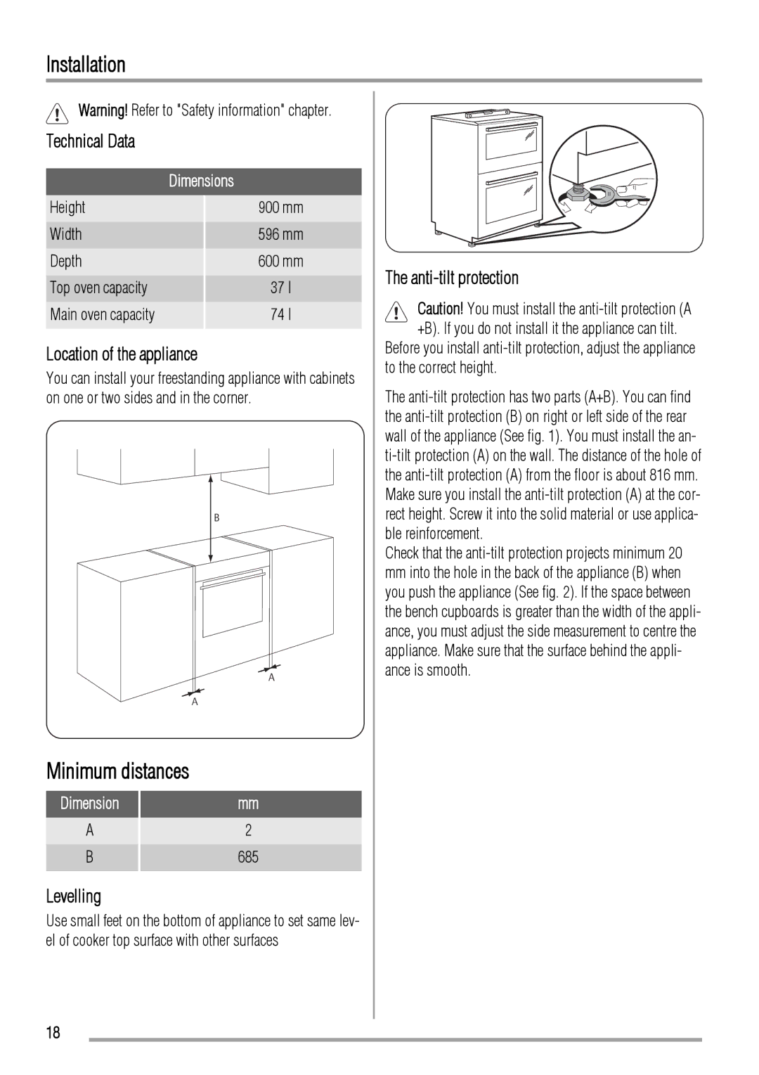 Zanussi ZCV662 user manual Installation, Technical Data, Location of the appliance, Levelling, Anti-tilt protection 