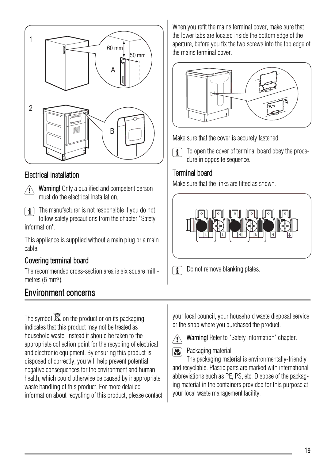 Zanussi ZCV662 user manual Environment concerns, Electrical installation, Covering terminal board, Terminal board 