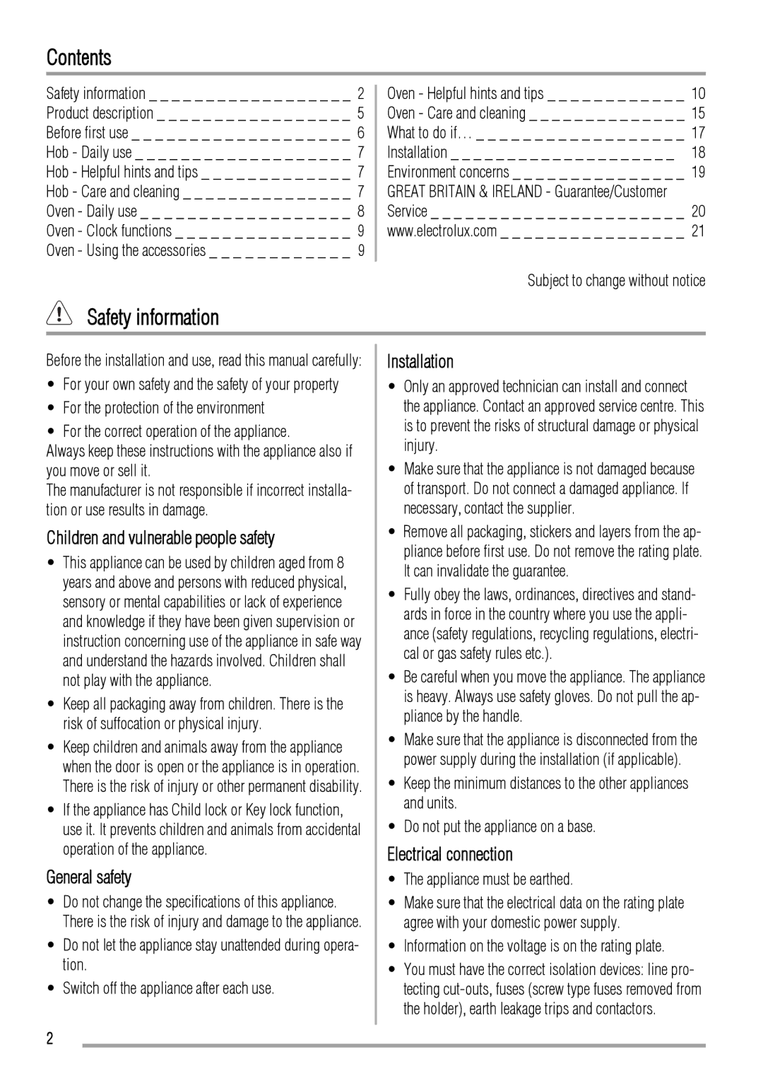 Zanussi ZCV662 user manual Contents, Safety information 