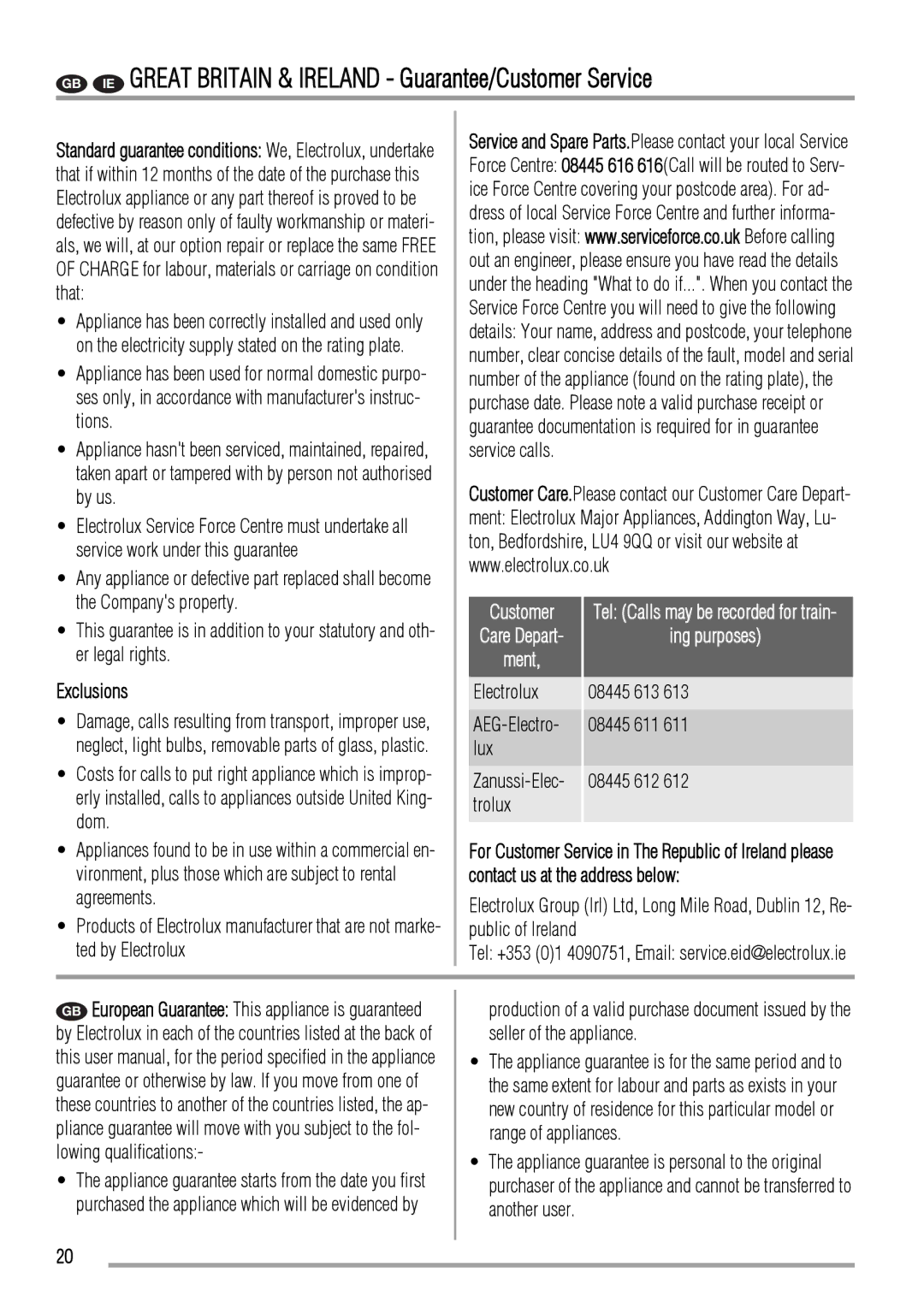 Zanussi ZCV662 user manual GB IE Great Britain & Ireland Guarantee/Customer Service, Ing purposes, Electrolux, Lux, Trolux 