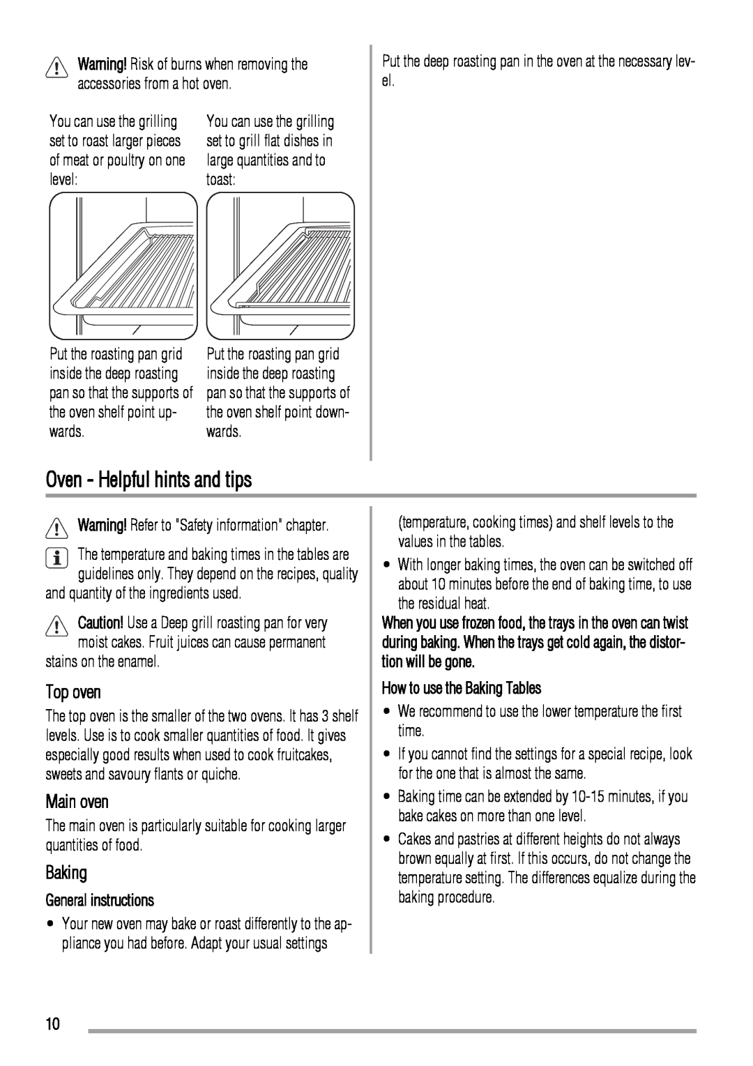 Zanussi ZCV662 user manual Oven - Helpful hints and tips, Top oven, Main oven, Baking, General instructions 