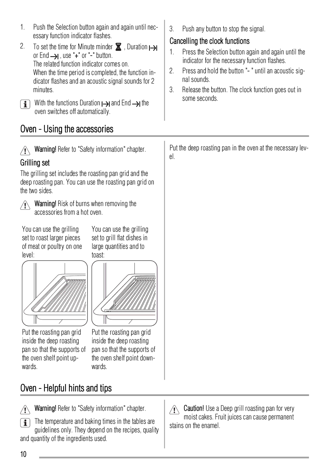Zanussi ZCV663 Oven Using the accessories, Oven Helpful hints and tips, Cancelling the clock functions, Grilling set 