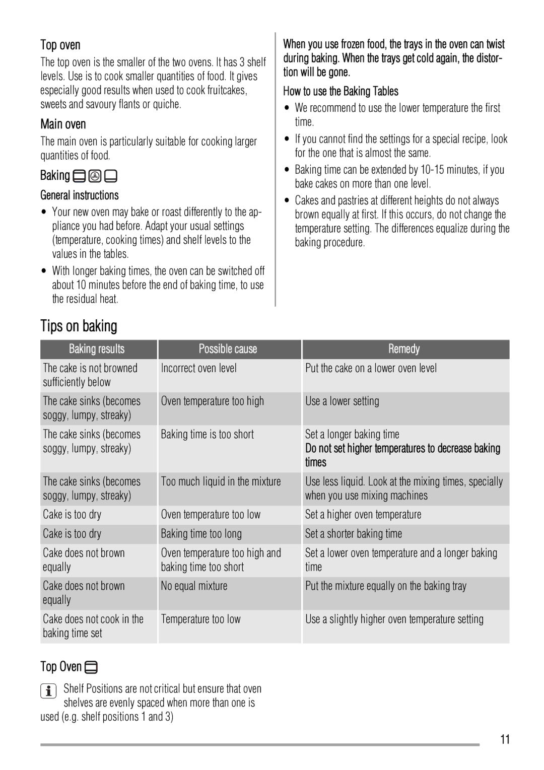 Zanussi ZCV663 user manual Tips on baking, Top oven, Main oven, Baking 