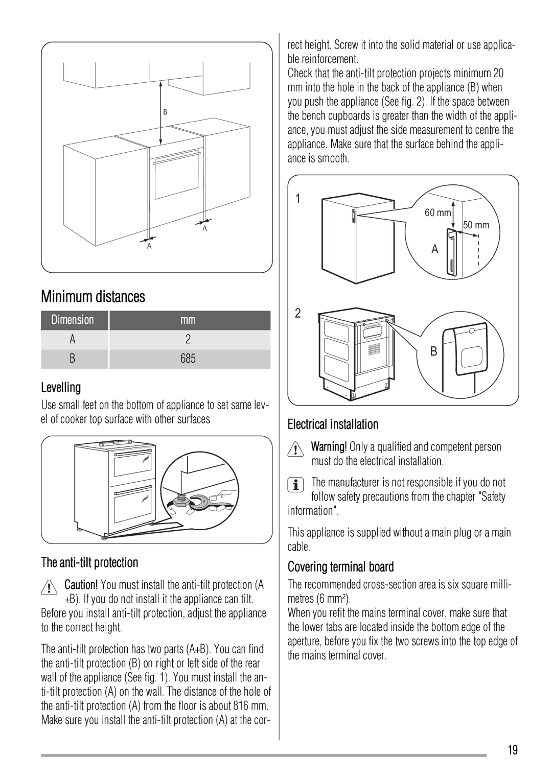 Zanussi ZCV663 user manual Levelling, Anti-tilt protection, Electrical installation, Covering terminal board, 685 