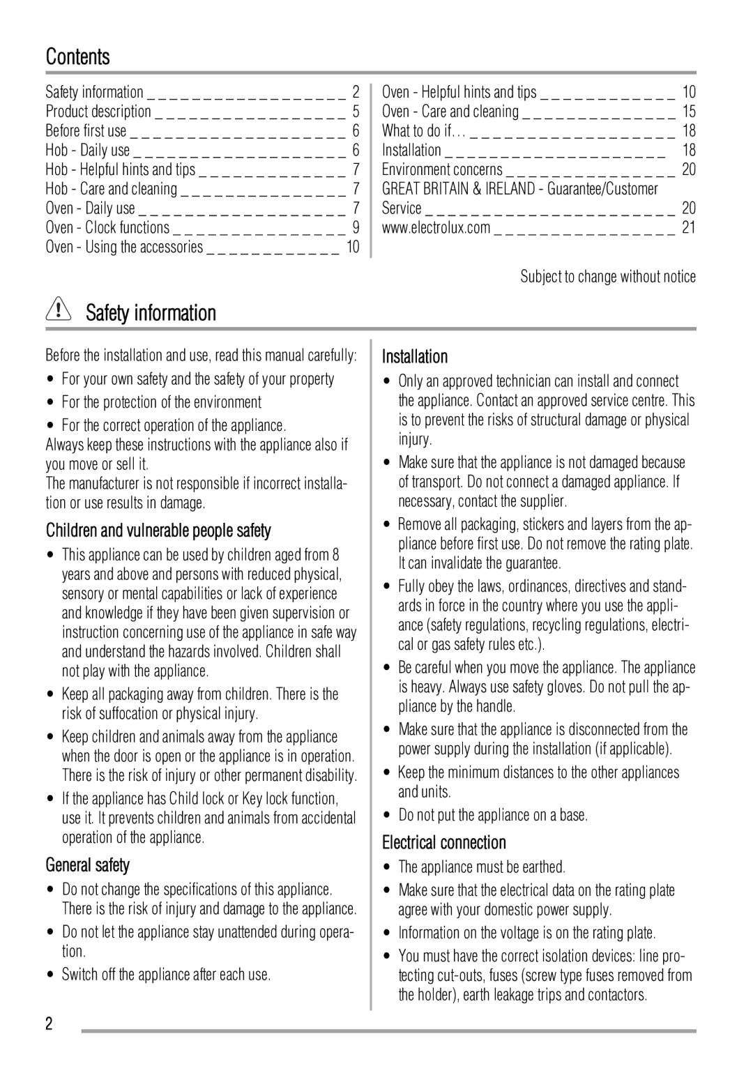 Zanussi ZCV663 user manual Contents, Safety information 