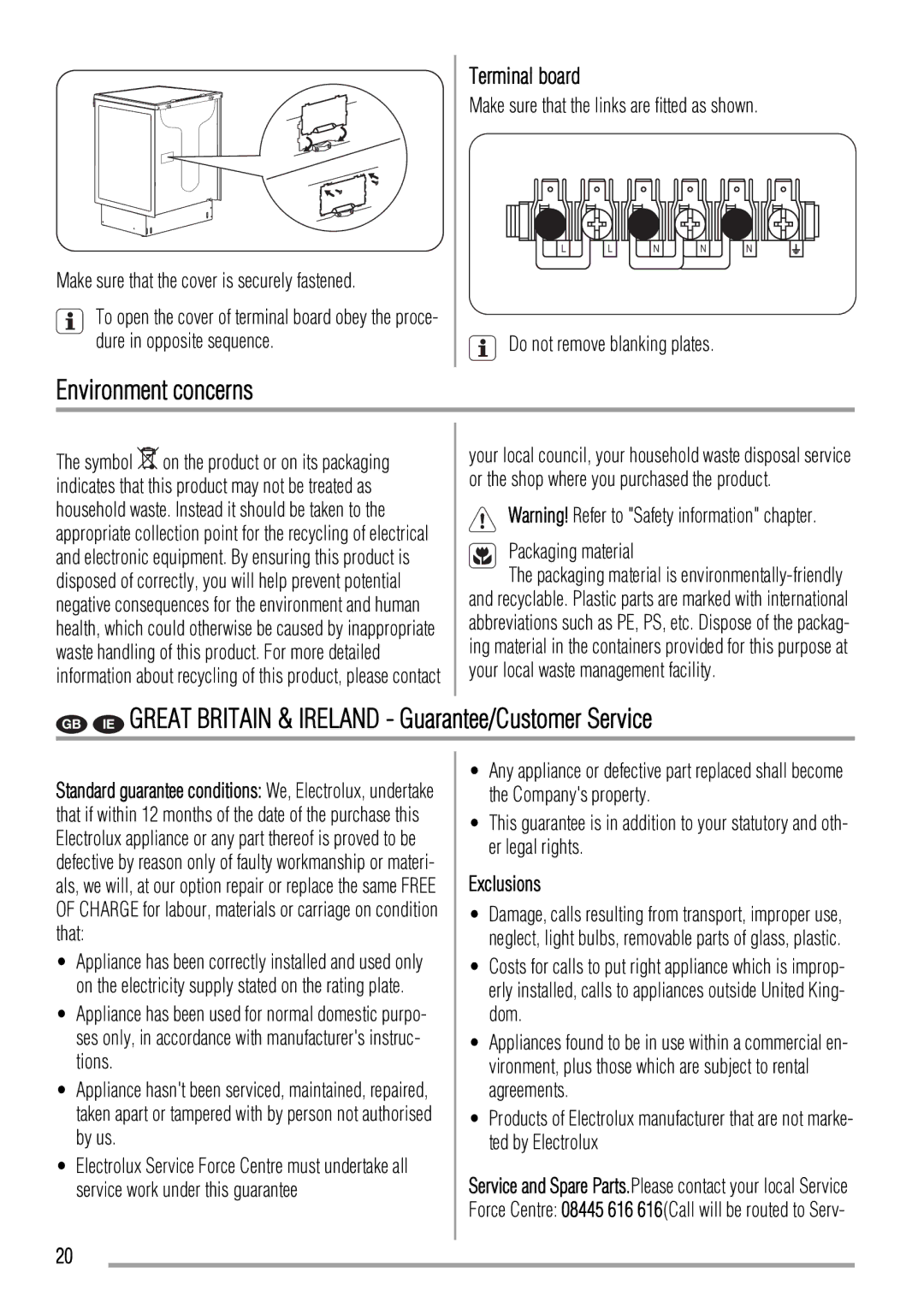 Zanussi ZCV663 Environment concerns, GB IE Great Britain & Ireland Guarantee/Customer Service, Terminal board, Exclusions 