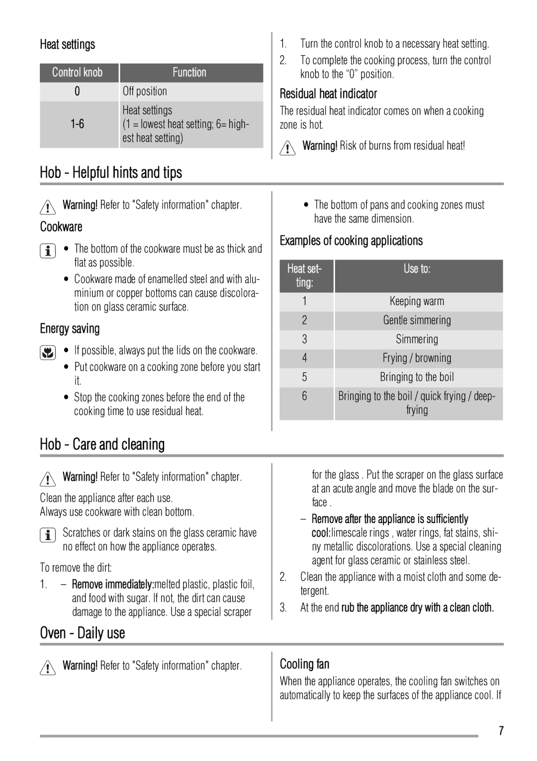 Zanussi ZCV663 user manual Hob Helpful hints and tips, Hob Care and cleaning, Oven Daily use 