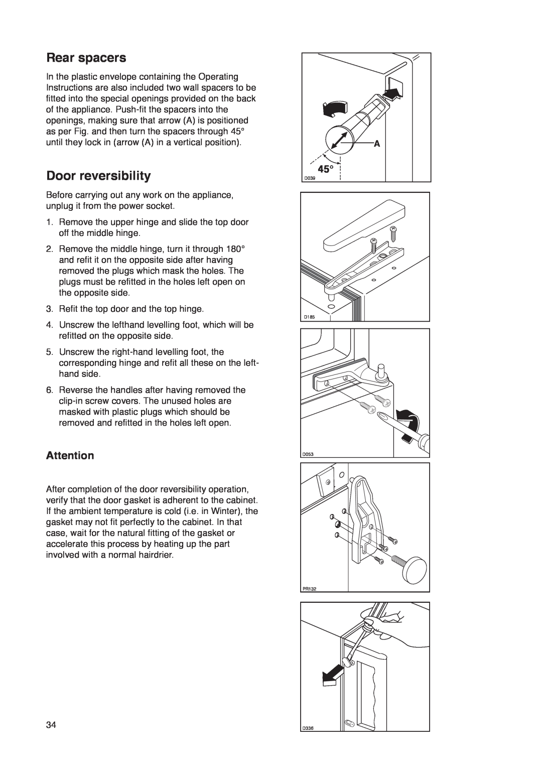 Zanussi ZD 19/4 manual Rear spacers, Door reversibility 