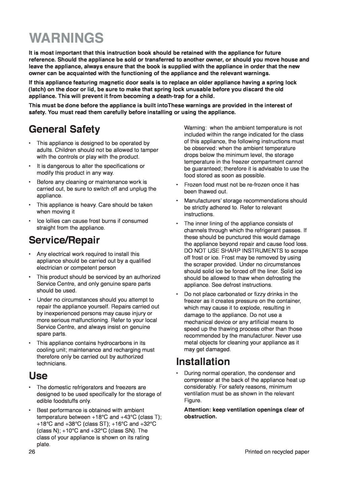 Zanussi ZD 19/4 manual Warnings, General Safety, Service/Repair, Installation 