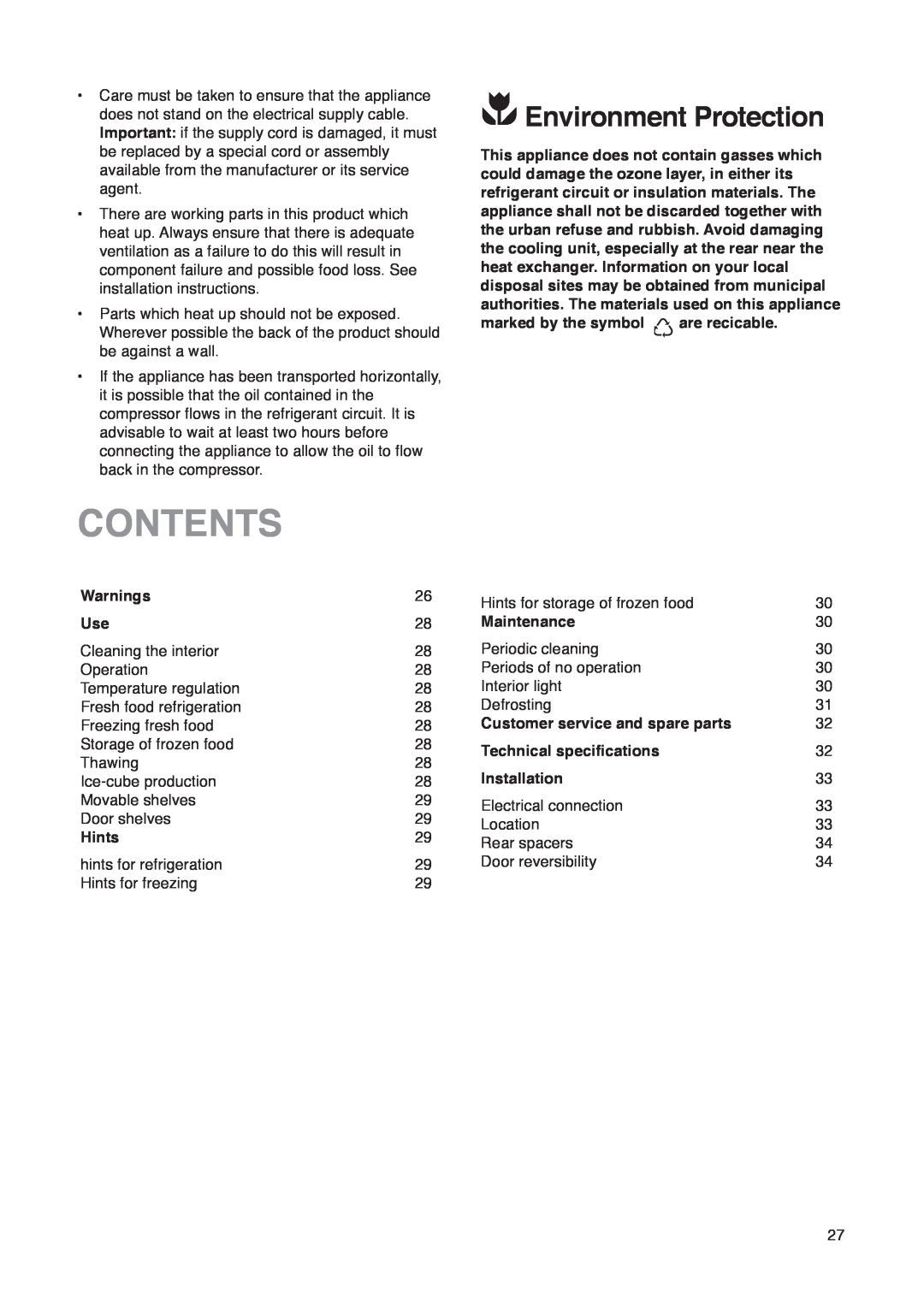 Zanussi ZD 19/4 manual Contents, Environment Protection 