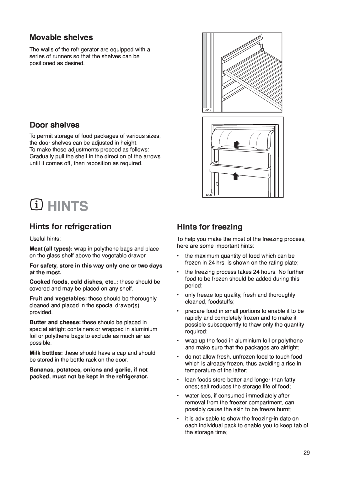 Zanussi ZD 19/4 manual Movable shelves, Door shelves, Hints for refrigeration, Hints for freezing 