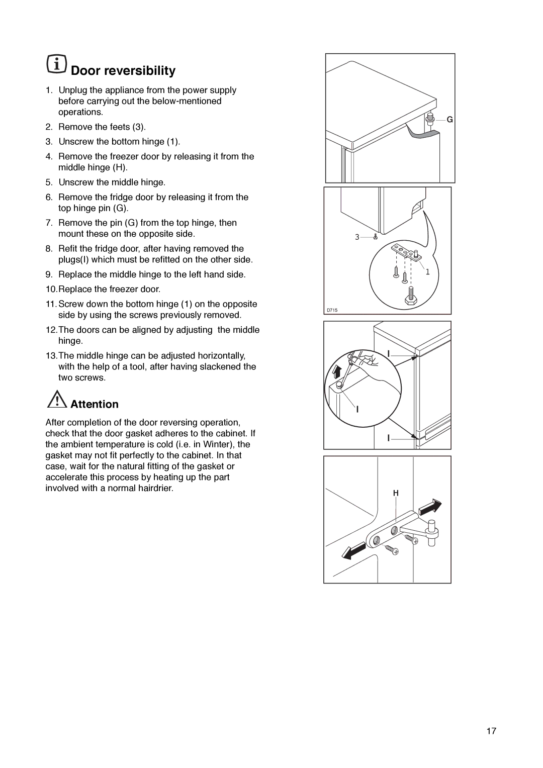 Zanussi ZD 50/17 RAL manual Door reversibility 