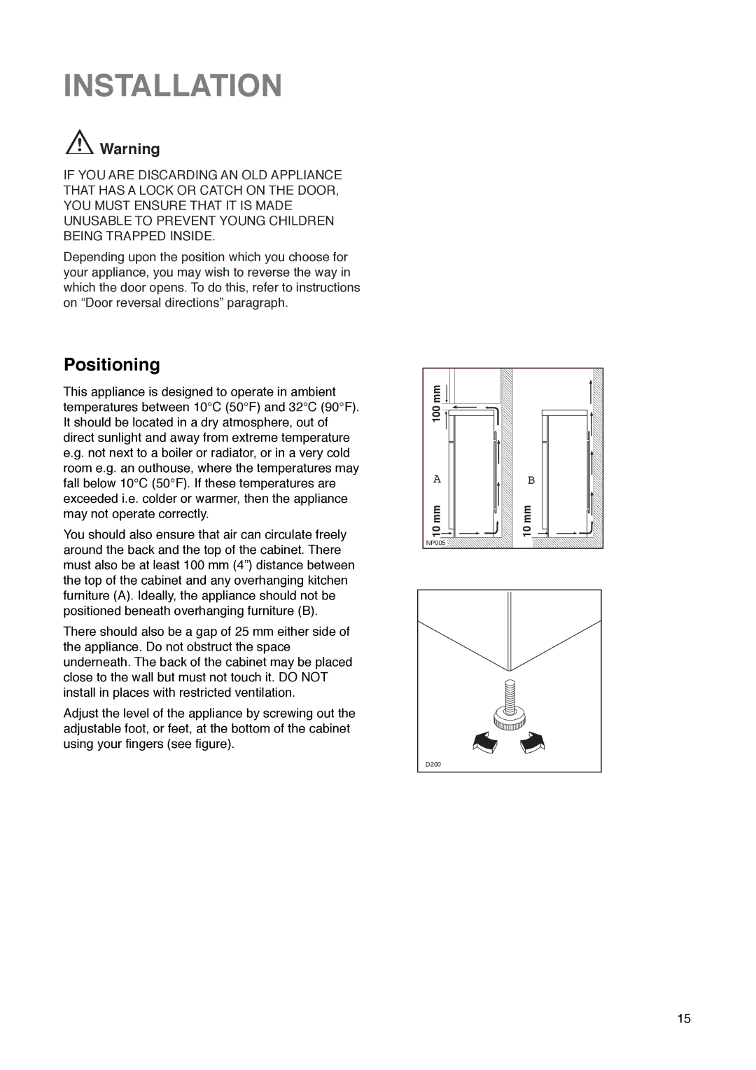 Zanussi ZD 50/33 R manual Installation, Positioning 