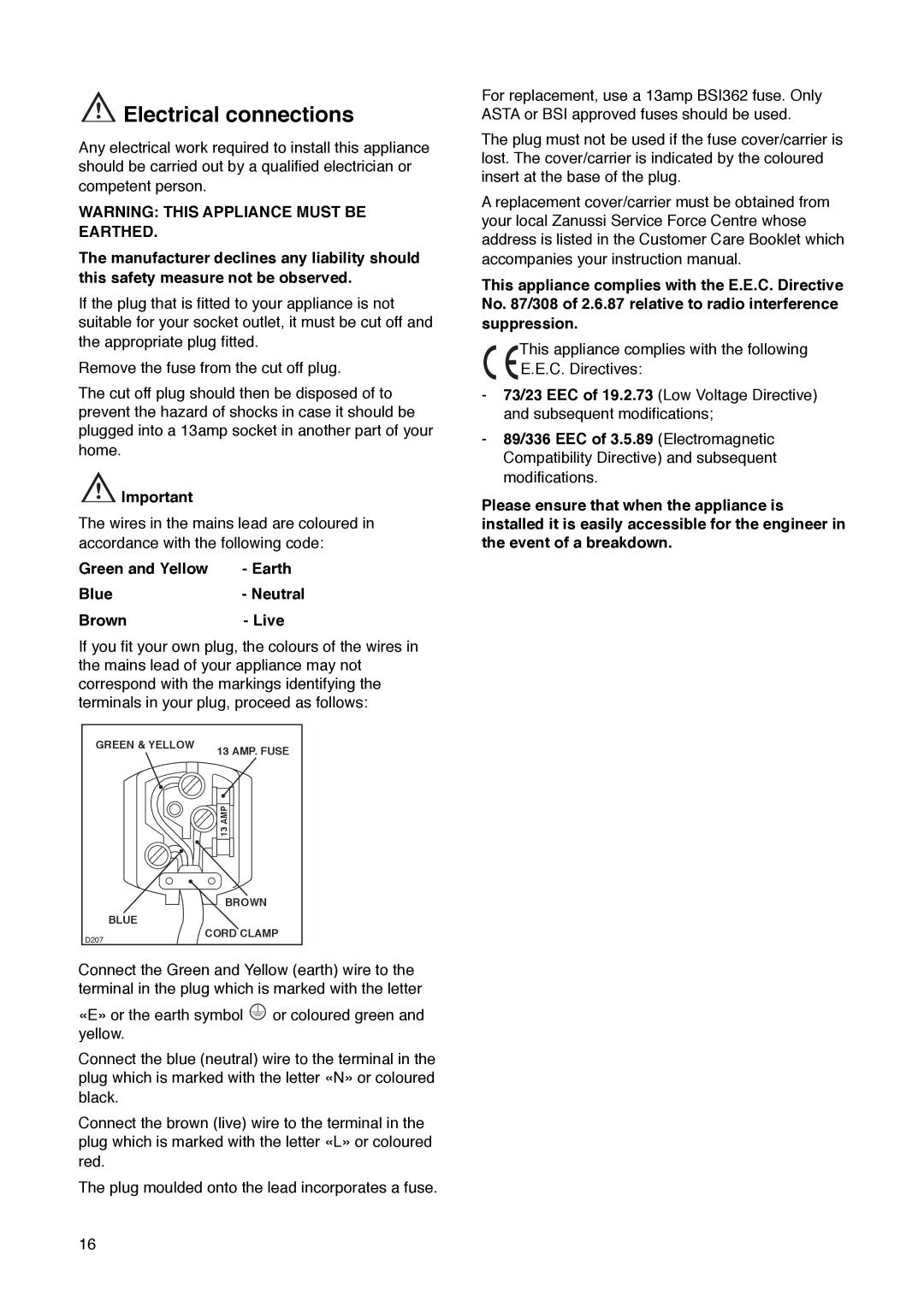 Zanussi ZD 50/33 R manual Electrical connections, Green and Yellow Earth Blue- Neutral Brown- Live 