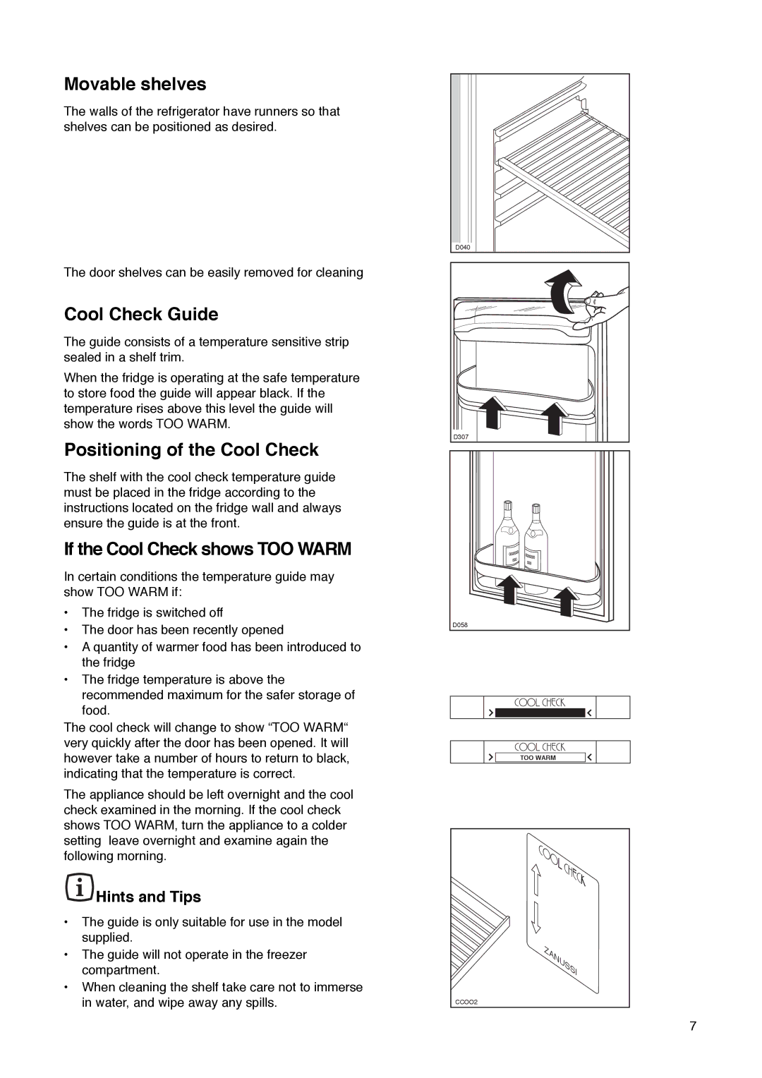 Zanussi ZD 50/33 R Movable shelves, Cool Check Guide, Positioning of the Cool Check, If the Cool Check shows TOO Warm 