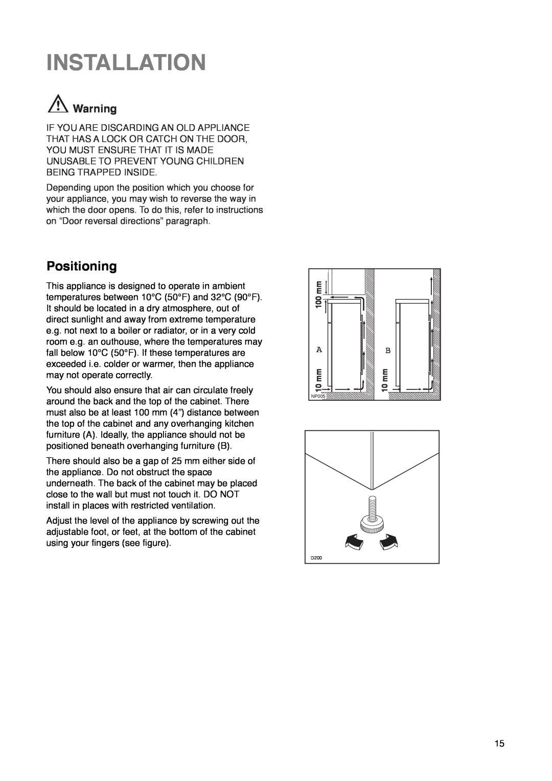 Zanussi ZD 50/33 R manual Installation, Positioning 