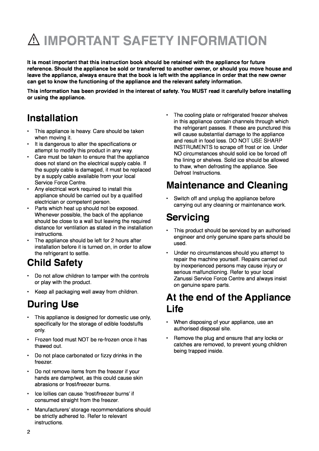 Zanussi ZD 50/33 R manual Important Safety Information, Installation, Child Safety, During Use, Maintenance and Cleaning 