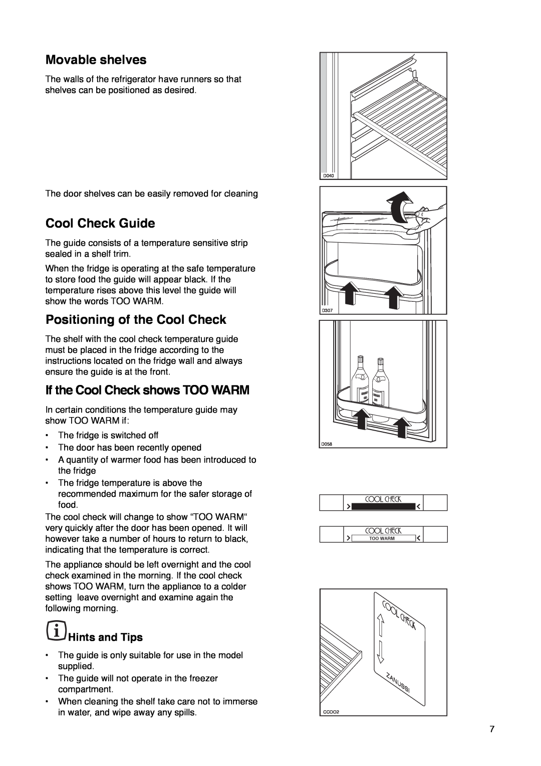 Zanussi ZD 50/33 R Movable shelves, Cool Check Guide, Positioning of the Cool Check, If the Cool Check shows TOO WARM 