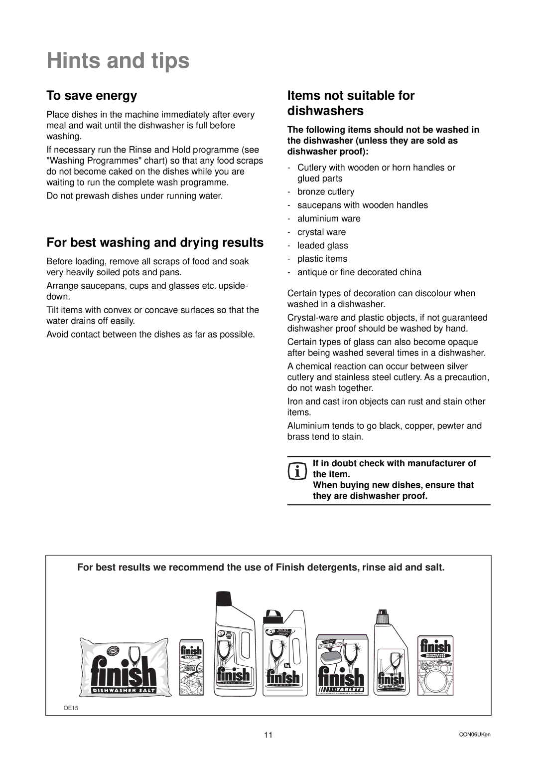 Zanussi ZD 684 Hints and tips, To save energy, For best washing and drying results, Items not suitable for dishwashers 