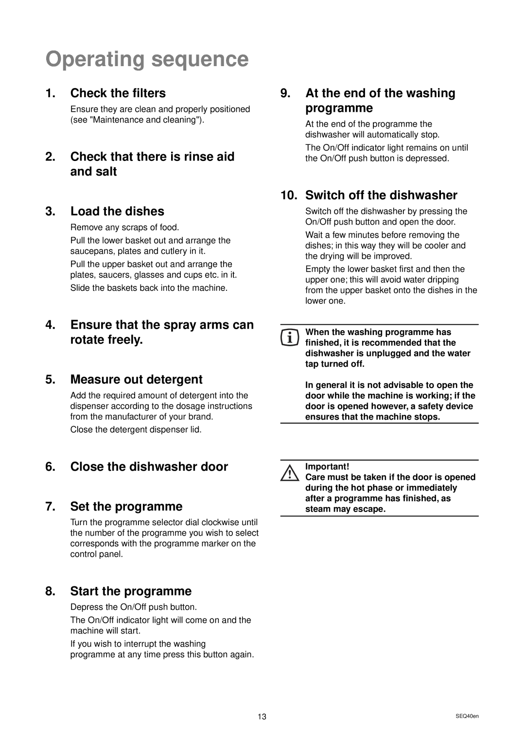 Zanussi ZD 684 manual Operating sequence 