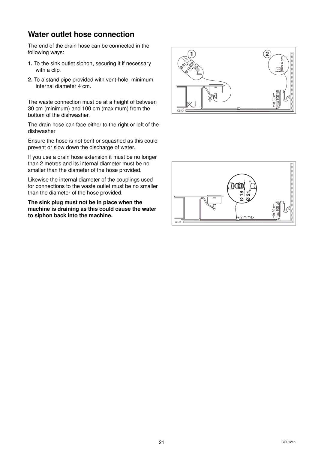 Zanussi ZD 684 manual Water outlet hose connection 