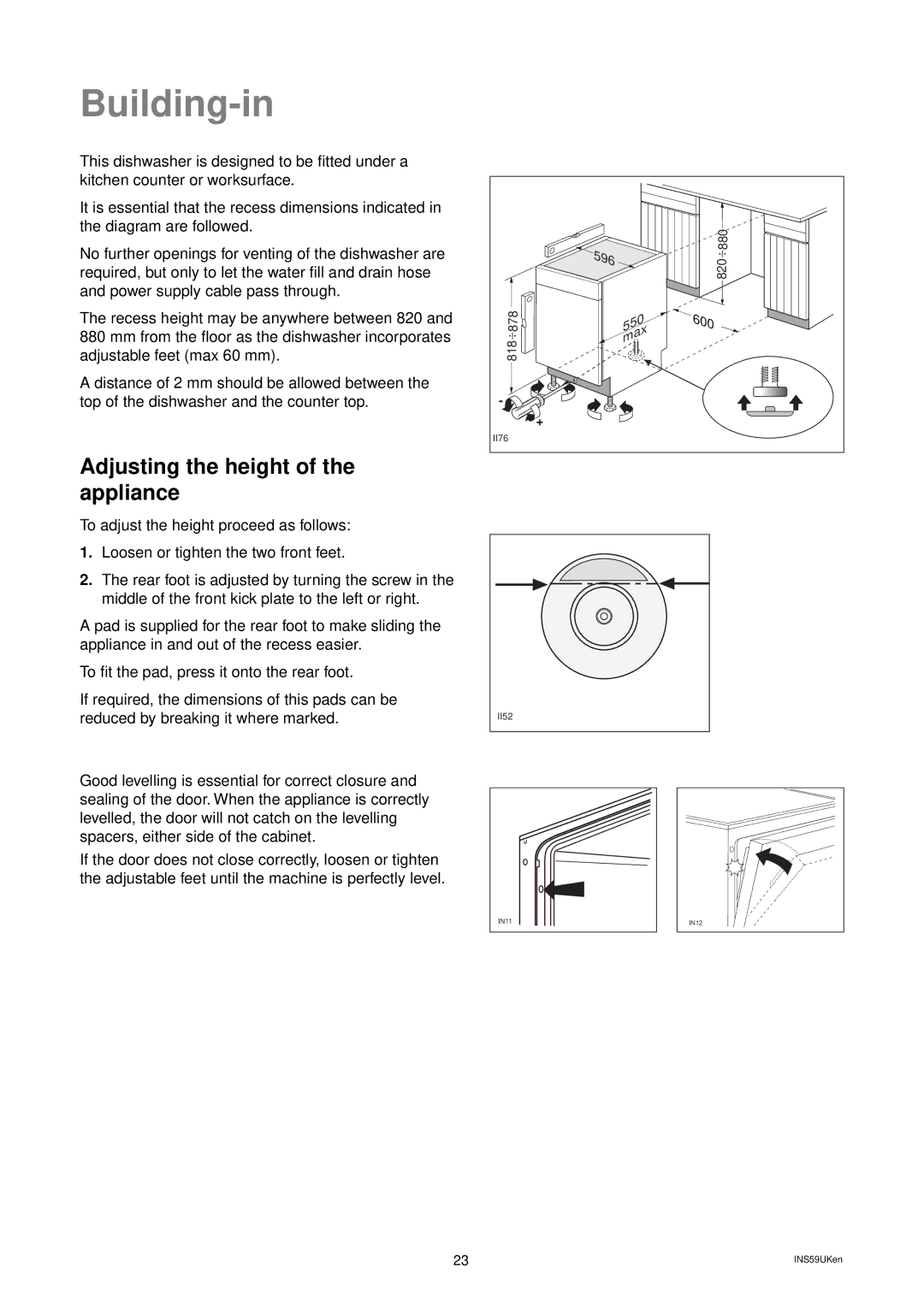 Zanussi ZD 684 manual Building-in, Adjusting the height of the appliance 