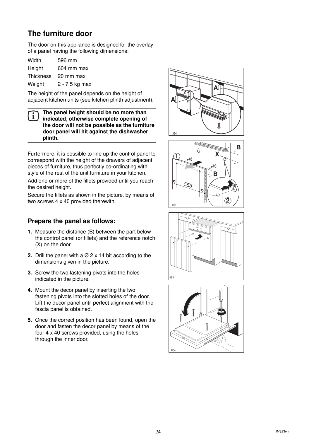 Zanussi ZD 684 manual Furniture door, Prepare the panel as follows 