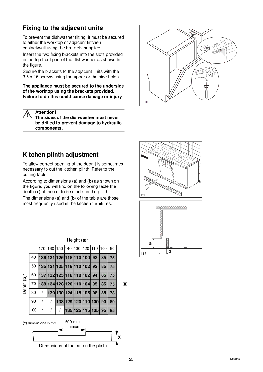 Zanussi ZD 684 manual Fixing to the adjacent units, Kitchen plinth adjustment, 135 125 115 105 