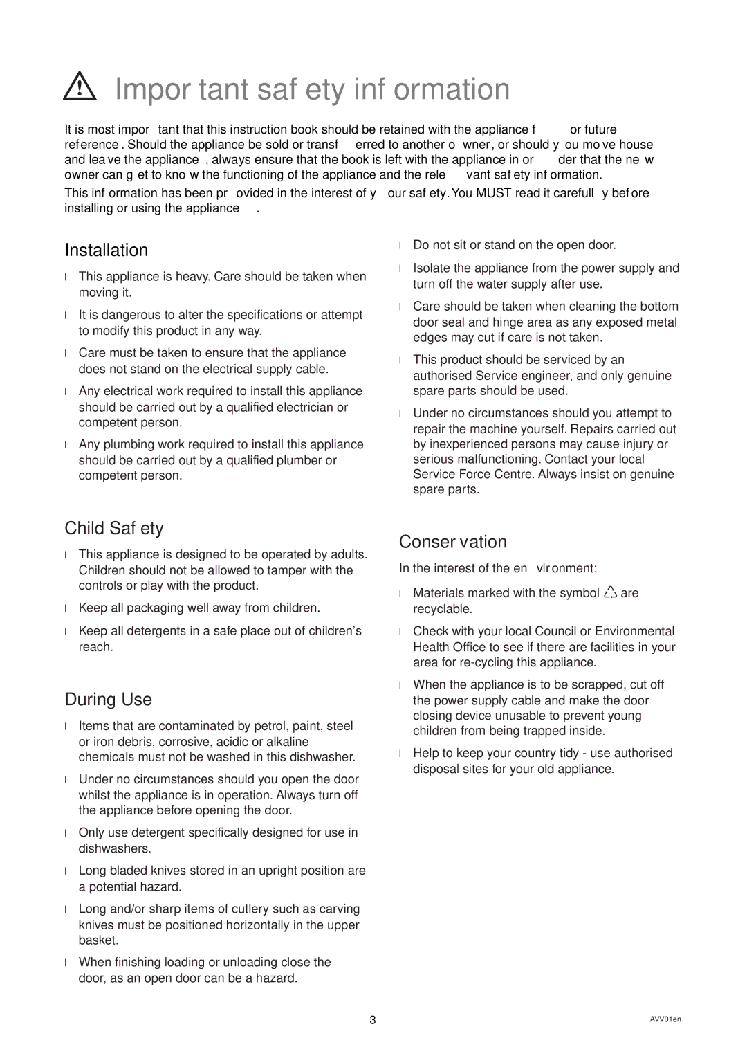 Zanussi ZD 684 manual Important safety information, Installation, Child Safety, During Use, Conservation 